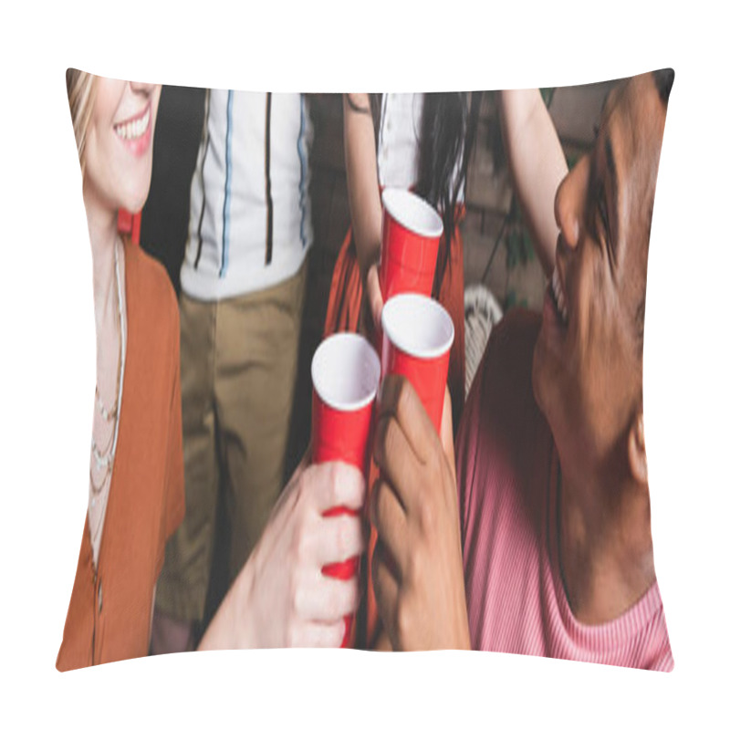 Personality  Smiling African American Man Holding Plastic Cup And Toasting With Friends Outdoors, Banner  Pillow Covers