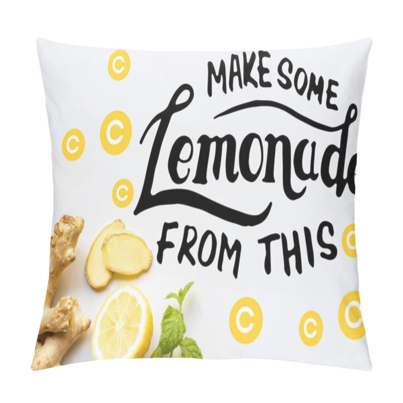 Personality  Top View Of Ginger Root, Lemon And Mint On White Background, Make Some Lemonade From This Illustration Pillow Covers