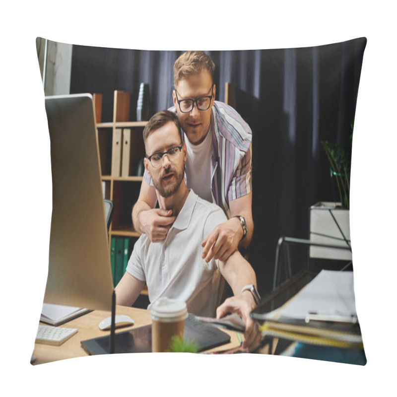 Personality  Two Men Explore A Computer Screen Together In An Office Setting. Pillow Covers