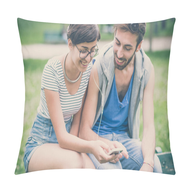 Personality  Man And Woman Using Smartphone Pillow Covers