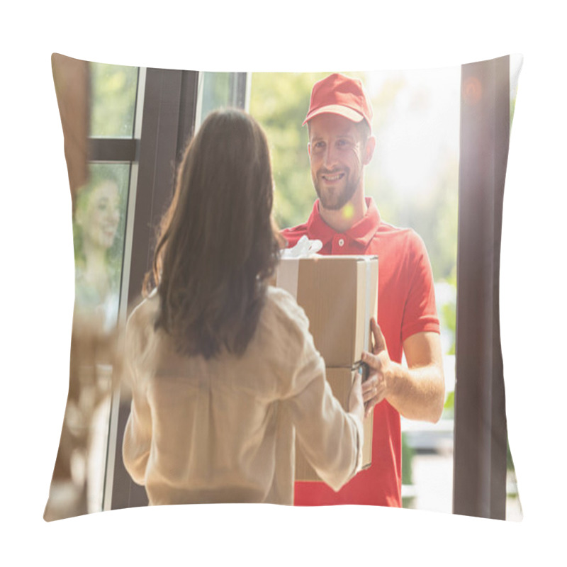 Personality  Back View Of Woman Receiving Carton Box From Happy Delivery Man   Pillow Covers