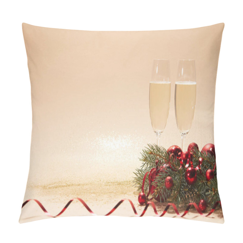 Personality  Glasses Of Champagne, Bright Christmas Balls And Pine Branch On Glossing Tabletop Pillow Covers