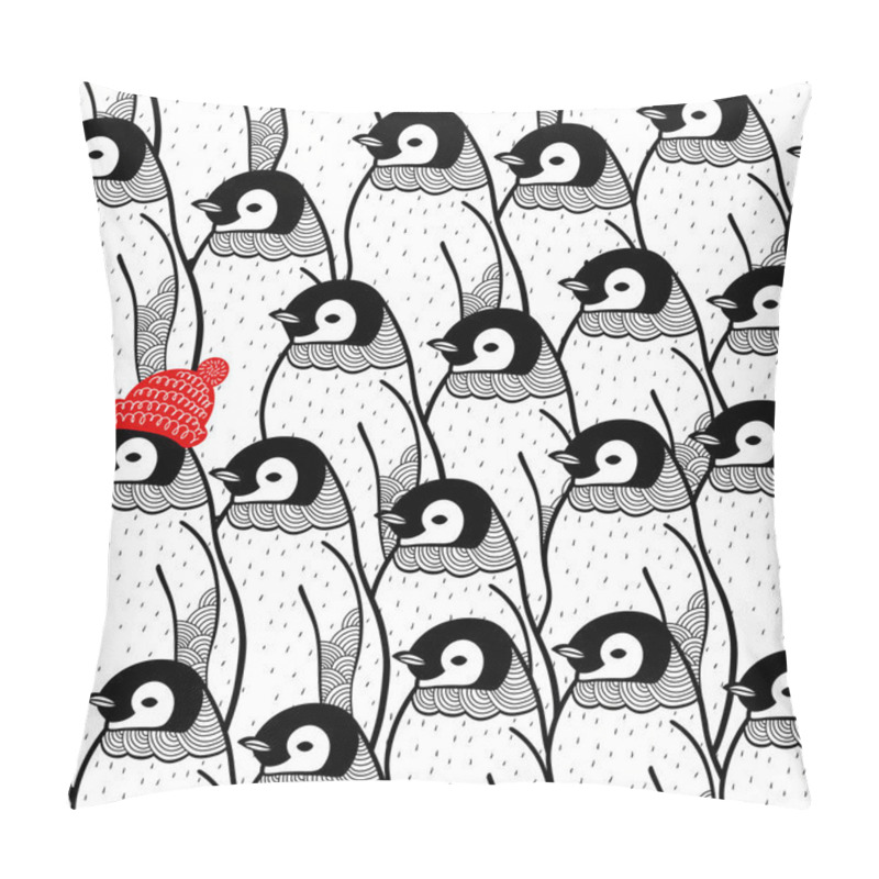 Personality  Endless Background With Winter Birds On The Ice. Doodle Penguins Seamless Pattern. Pillow Covers