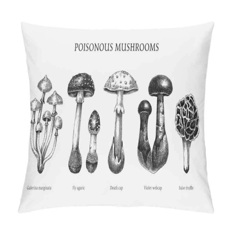 Personality  Poisonous Mushrooms Sketches Set. Hand-drawn Deadly Fungus Illustrations Collection Isolated On White. Poisonous Forest Plants Design Element Pillow Covers