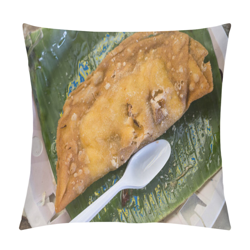 Personality  Authentic Ilocos Empanada On A Banana Leaf. Served At A Small Outdoor Eatery In Vigan. Pillow Covers