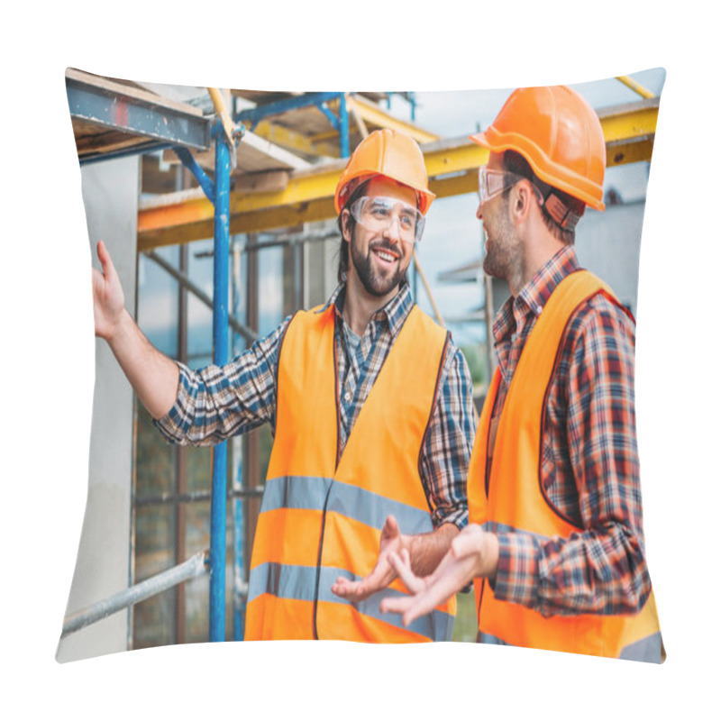 Personality  Happy Builders In Reflective Vest And Hard Hat Pointing At Building House Pillow Covers