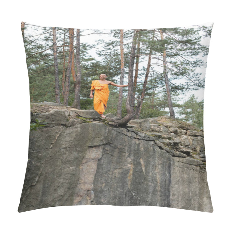 Personality  Full Length View Of Buddhist Monk In Orange Kasaya Walking On Rocky Cliff In Forest Pillow Covers