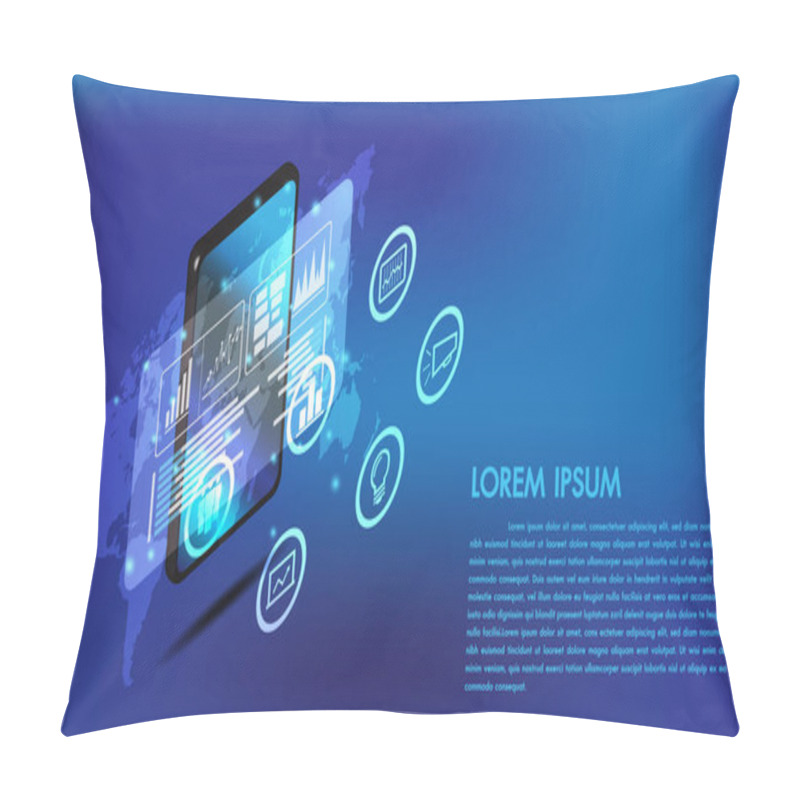 Personality  Isometric Smart Phone Or Tablet 3d Interface.Screen Smart And Simple With Business Chart And Business Icon Analysis.World Map On Mobile Application.Copy-space For Edit. Pillow Covers