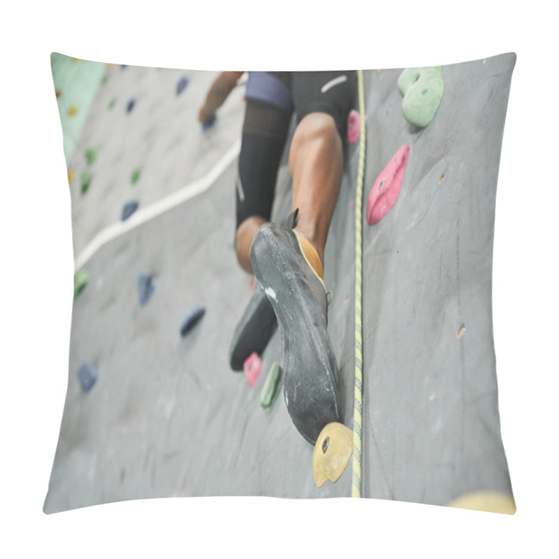 Personality  Cropped View Of Legs Of Sporty African American Man Climbing Up Rock Wall With Safety Rope Pillow Covers