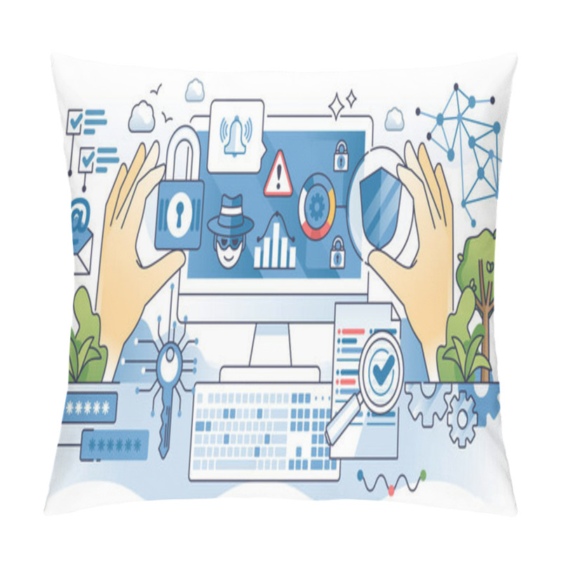 Personality  Cybersecurity Dictionary And Network Security Terms Outline Hands Concept. Study Online Threats Meaning To Understand Hacker Attack Types And Possible Computer Vulnerability Vector Illustration. Pillow Covers