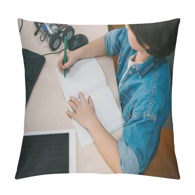 Personality  High Angle View Kid Writing In Notebook At Machinery Class Pillow Covers