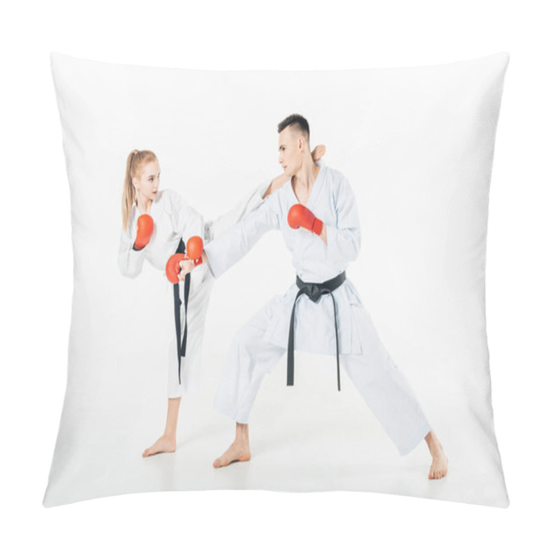 Personality  Young Karate Fighters Training With Red Gloves Isolated On White Pillow Covers