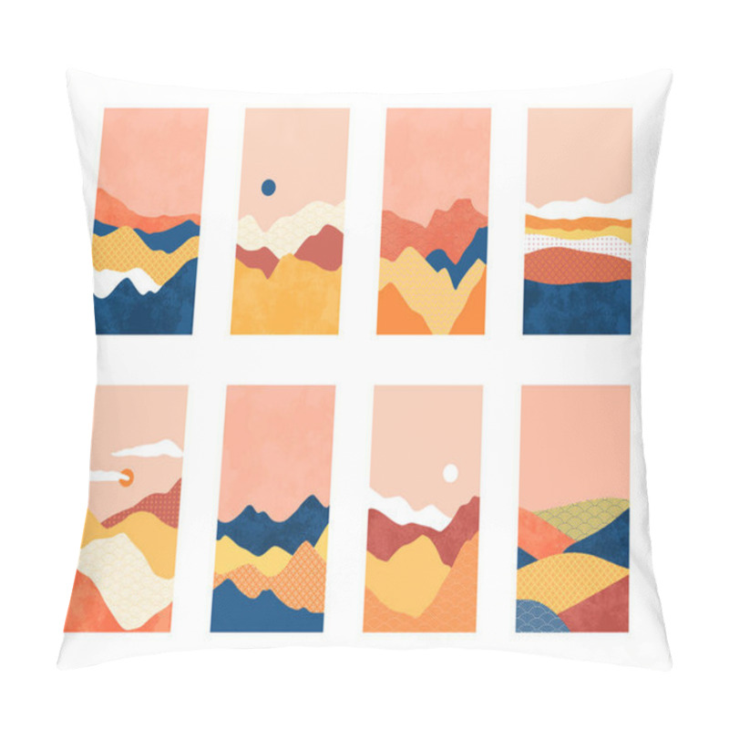 Personality  Asian Style Mountain Landscape Illustration Set On Isolated Background. Abstract Nature Environment With Sunset And Minimalist Textures For Phone Wallpaper, Travel Brochure Or Summer Design. Pillow Covers