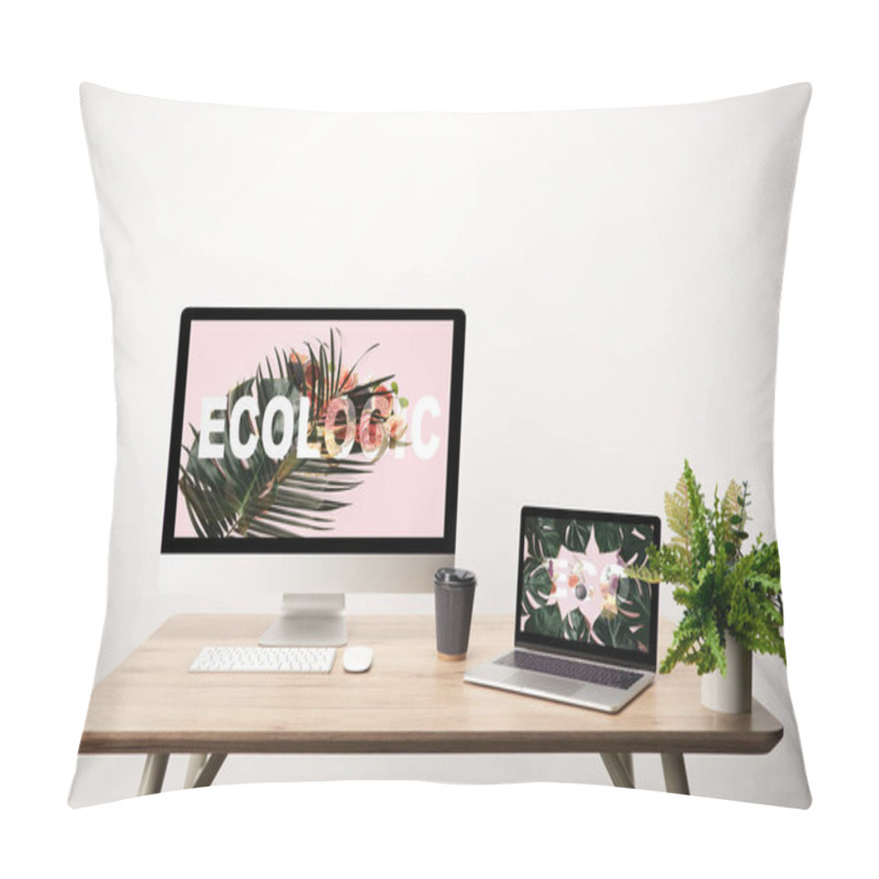 Personality  Computer With Ecologic Illustration On Monitor And Laptop With Monstera Leaves And Eco Lettering On Screen On Wooden Table Pillow Covers