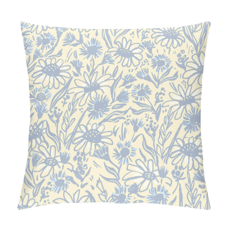 Personality  Hand Drawn Daisy Field. Whimsical Daisy Seamless Pattern. Floral Print With Springtime Charm And Ditsy Flowers. Small Hand Drawn Pattern With Tiny Leaves And Herbs Pillow Covers