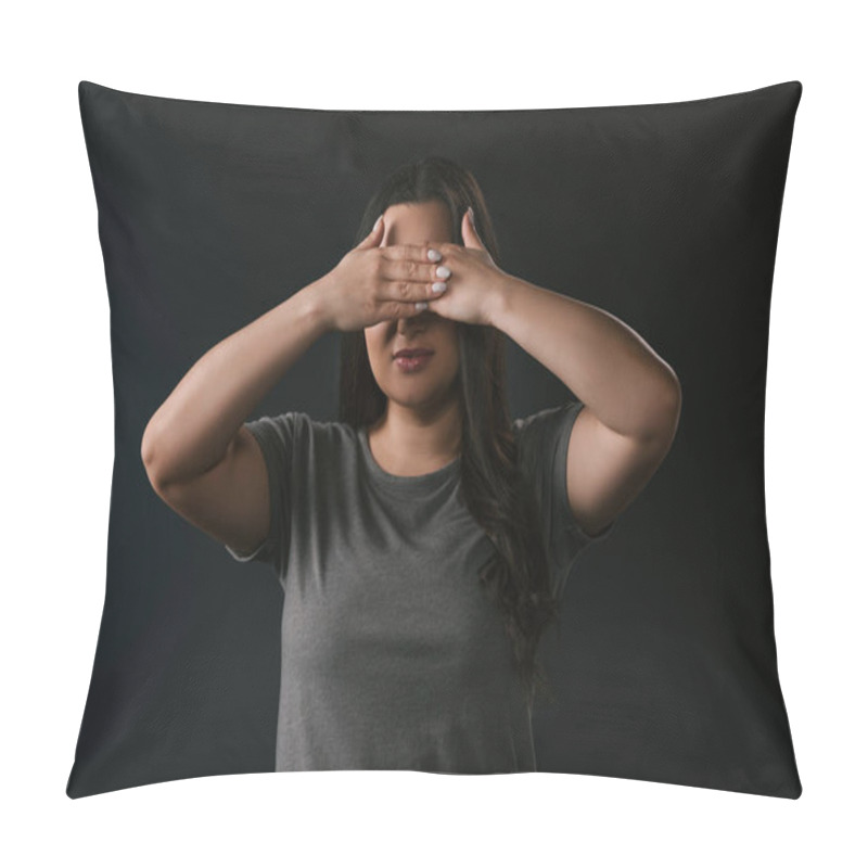 Personality  Front View Of Plus Size Girl Covering Eyes With Hands On Black Background  Pillow Covers