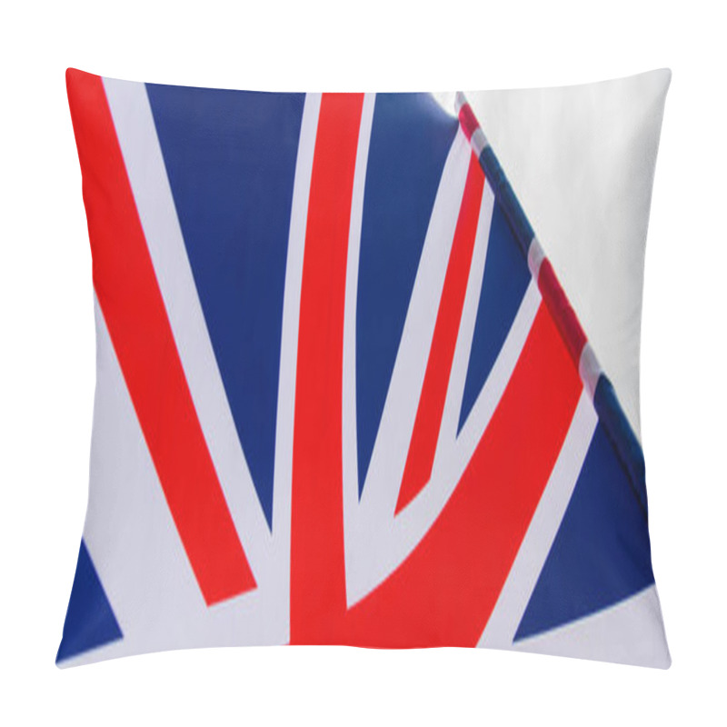 Personality  Close Up View Of National Flag Of United Kingdom With Red Cross Against Sky, Banner Pillow Covers