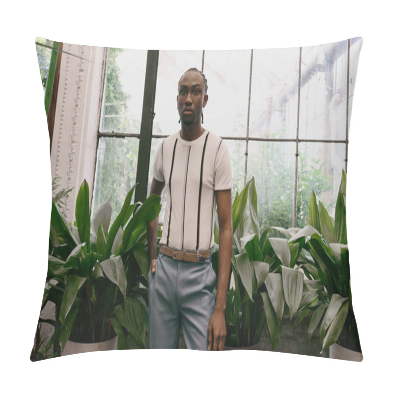 Personality  Handsome African American Man With Sophisticated Style In A Vibrant Green Garden. Pillow Covers