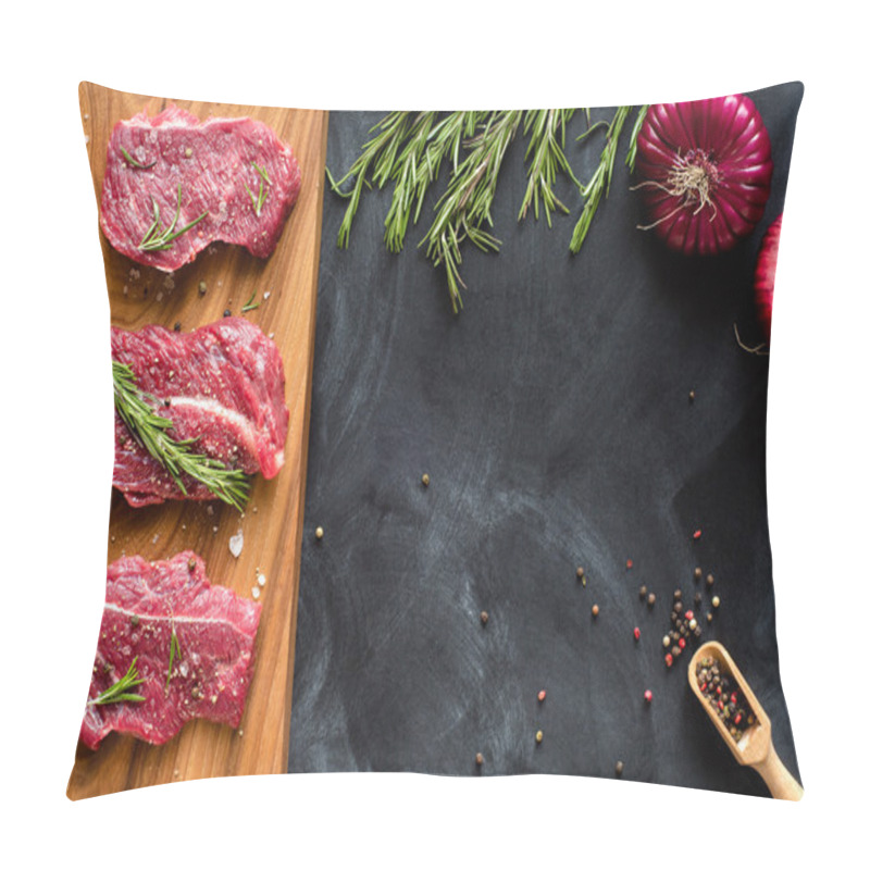 Personality  Fresh Raw Meat On Chopping Board With Onion. Top-view Pillow Covers