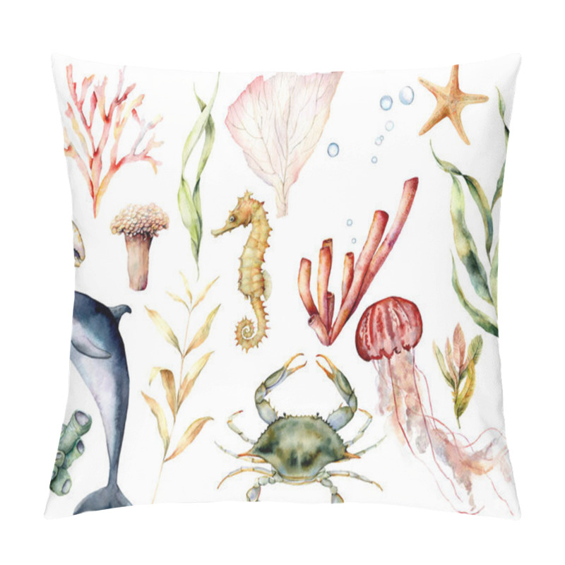 Personality  Watercolor Sea Life Set. Hand Painted Coral Reef, Dolphin, Crab, Seahorse, Jellyfish, Starfish And Laminaria Isolated On White Background. Aquatic Wildlife Illustration For Design, Print, Background. Pillow Covers