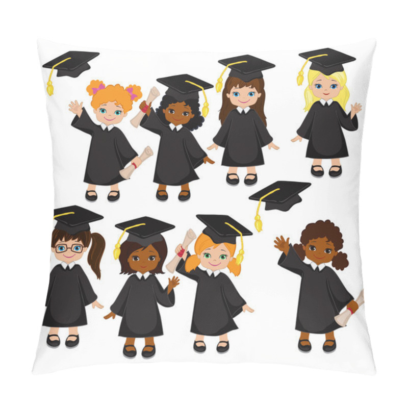 Personality  Girls. Set Of Children In A Graduation Gown And Mortarboard. Vector Illustration Of A Group Of Students And Graduates Of Kindergarten On A White Background. Pillow Covers