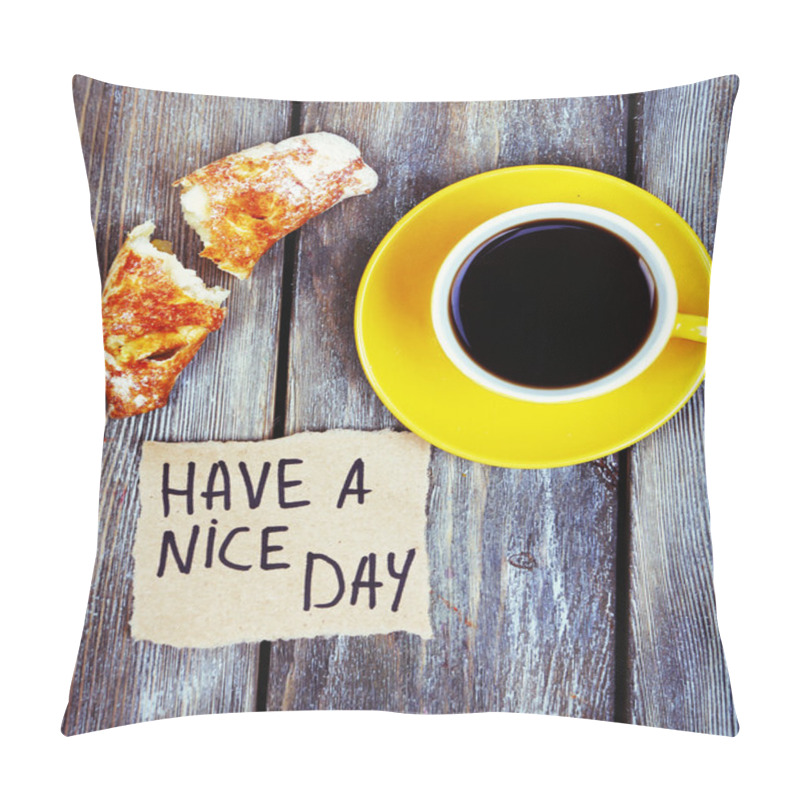 Personality  Composition Of Coffee, Fresh Croissant And Paper Card On Wooden Background Pillow Covers