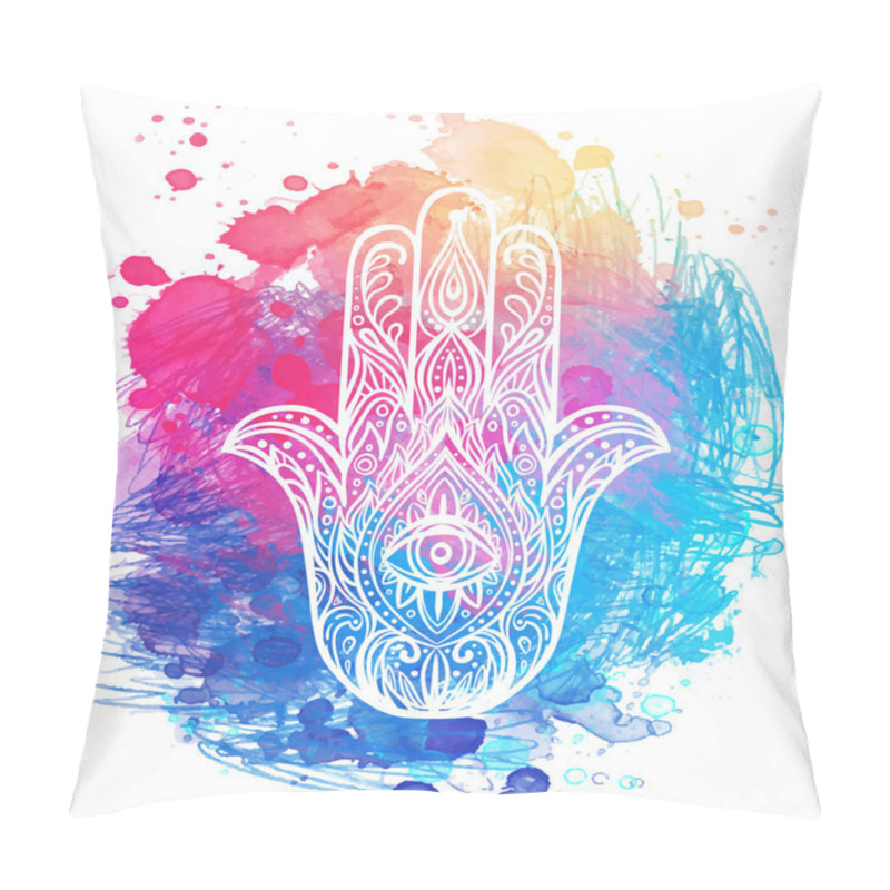 Personality  Ornate Hand Drawn Hamsa. Popular Arabic And Jewish Amulet. Vector Illustration Over Colorful Watercolor Splash. Pillow Covers