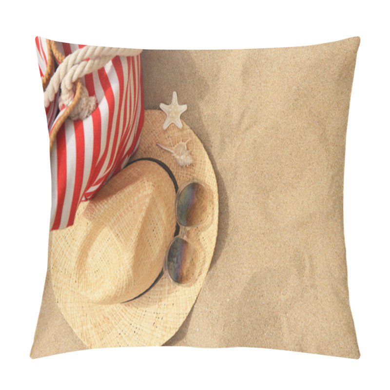 Personality  Stylish Striped Bag And Beach Accessories On Sand, Flat Lay Pillow Covers