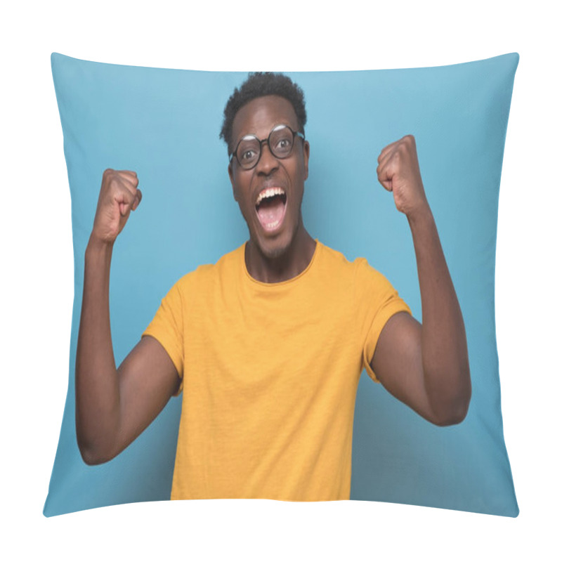 Personality  Expressive African American Man Celebrating Success, Isolated On Blue Background Pillow Covers