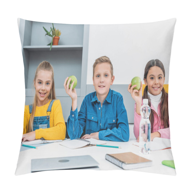 Personality  Cheerful Classmates Rejoicing With Green Apples In Hands After Lesson Pillow Covers