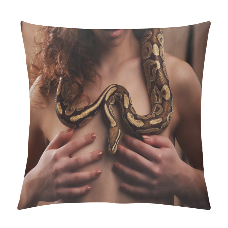 Personality  Sexy Brunette Girl With Orange Python Around Her Neck Pillow Covers