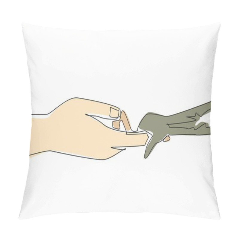 Personality  Single One Line Drawing Monkey Hand Holding Human Index Finger. Humans Have The Ability To Care And Protect The Natural World. Preserve. World Wildlife Day. Continuous Line Design Graphic Illustration Pillow Covers