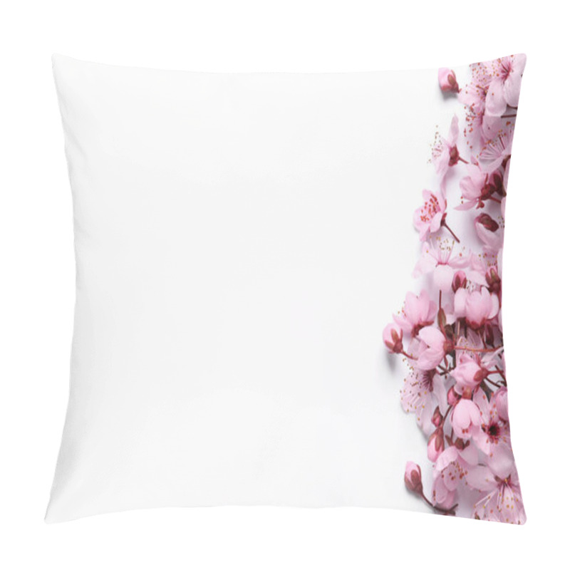 Personality  Beautiful Spring Tree Blossoms As Border On White Background, Top View. Space For Text Pillow Covers