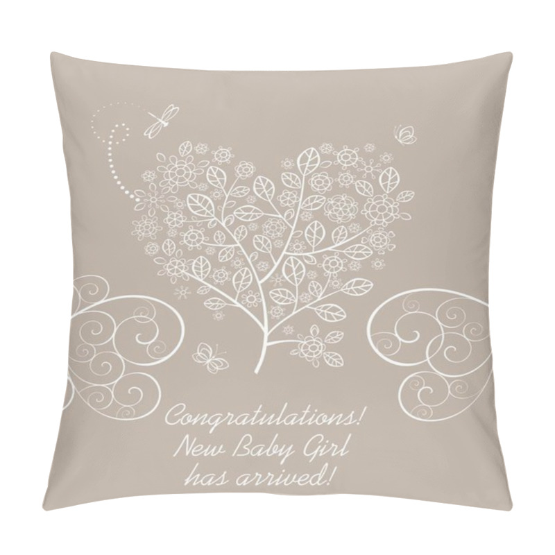 Personality  Baby Girl Arrival Greeting Pastel Card With Beautiful Blossoming Decorative Lacy Tree In Heart Shape Pillow Covers