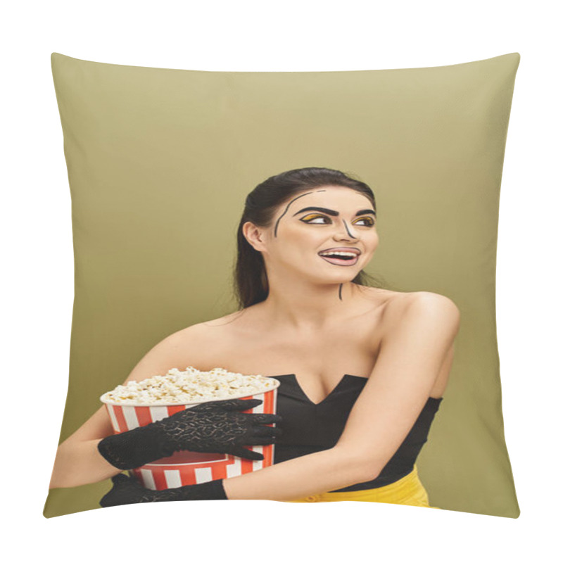 Personality  Stylish Woman In Black Top And Yellow Skirt Holding A Bucket Of Popcorn. Pillow Covers