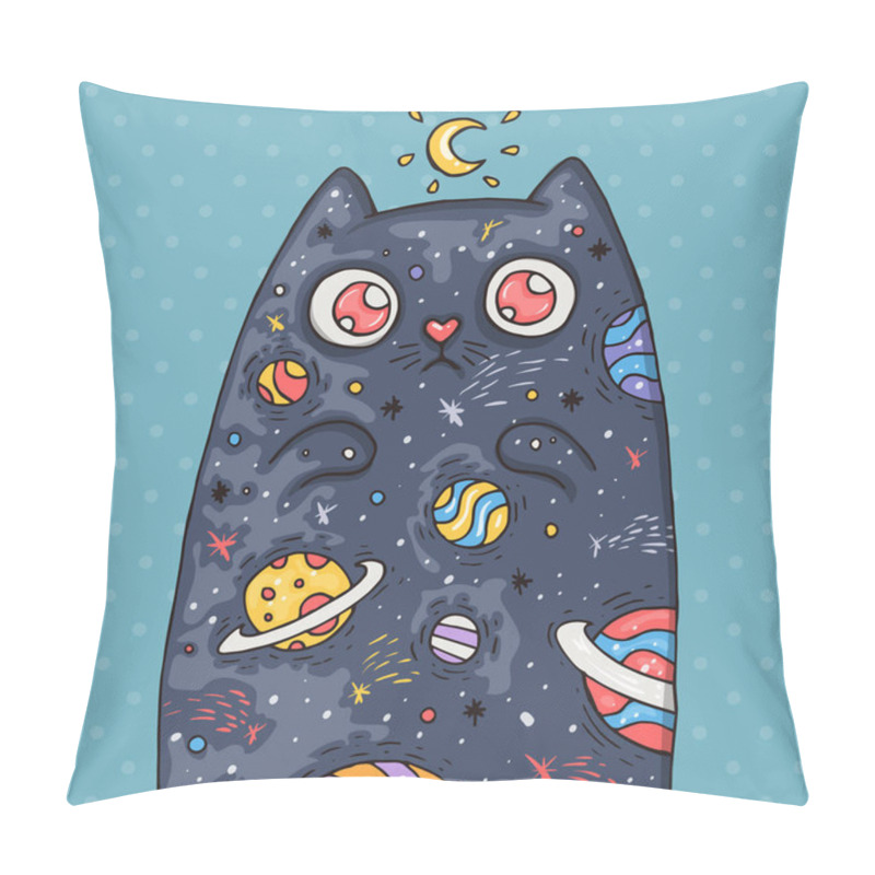 Personality  Cartoon Cute Cat With The Universe Inside. Cartoon Illustration In Comic Trendy Style. Pillow Covers