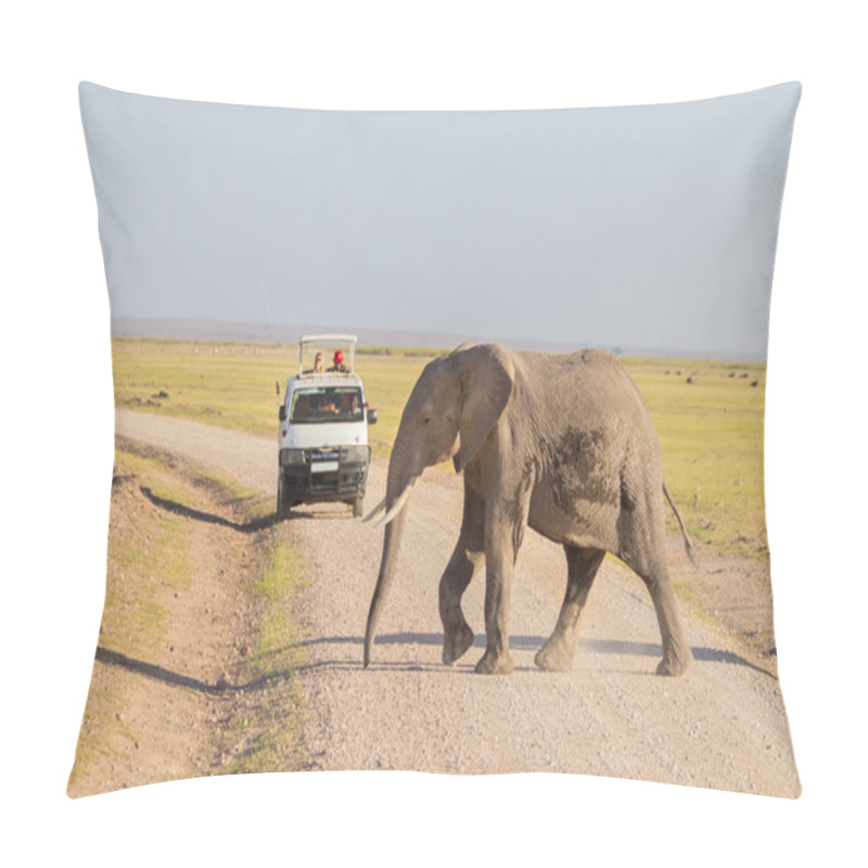 Personality  Elephantt Crossing Dirt Roadi In Amboseli, Kenya. Pillow Covers