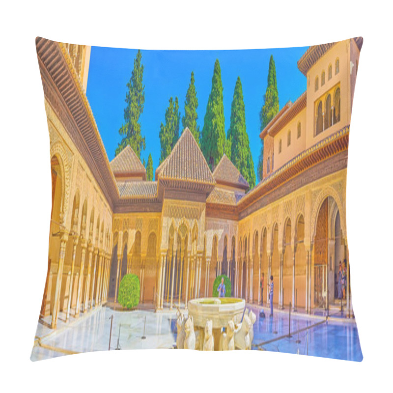 Personality  GRANADA, SPAIN - SEPTEMBER 25, 2019: Splendid Lion Fountain In Court Of Lions (Nasrid Palace, Alhambra), Surrounded By Complex Arcade With Mocarabe Arches And Sebka Decors, On September 25 In Granada Pillow Covers