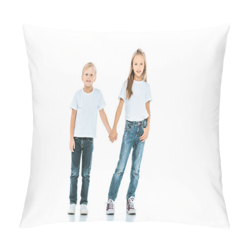 Personality  Cute Kids Holding Hands And Standing In Blue Jeans On White  Pillow Covers