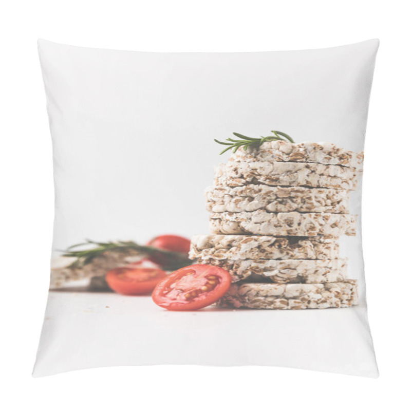 Personality  Stack Of Rice Cakes With Rosemary And Tomatoes On White Tabletop Pillow Covers