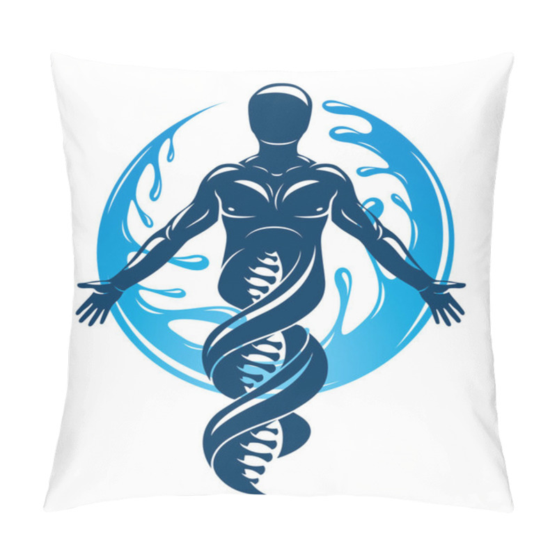 Personality  Vector Graphic Illustration Of Strong Male Created As Scientific Model Of Human DNA And Surrounded By A Water Ball. Eco Friendly Technology, Technology And Nature Interaction. Pillow Covers