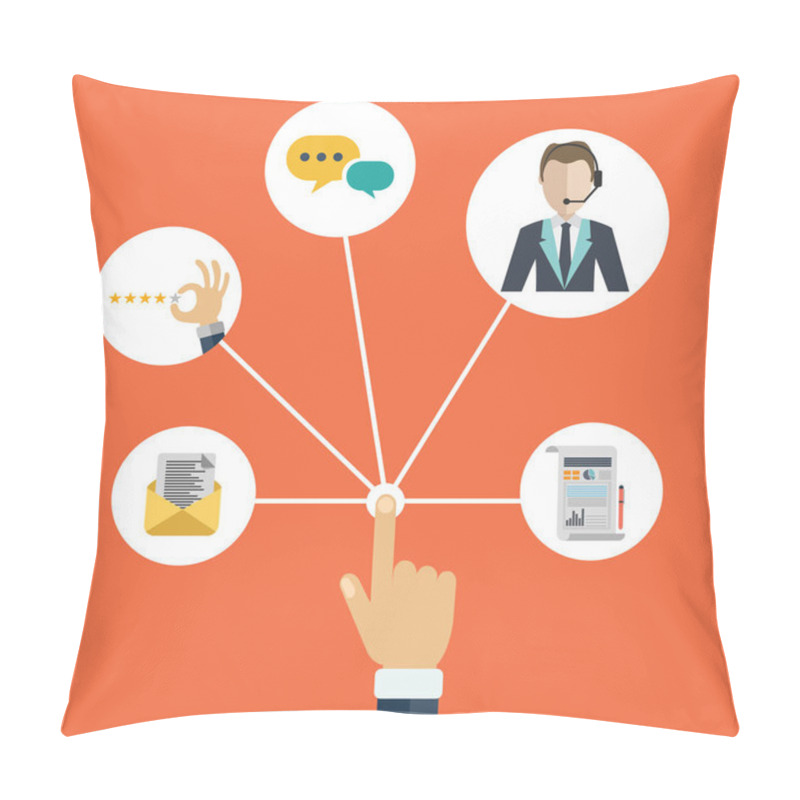 Personality  Male Hand Presenting Customer Relationship Management. System For Managing Interactions With Current And Future Customers. Flat Vector Illustration. Pillow Covers