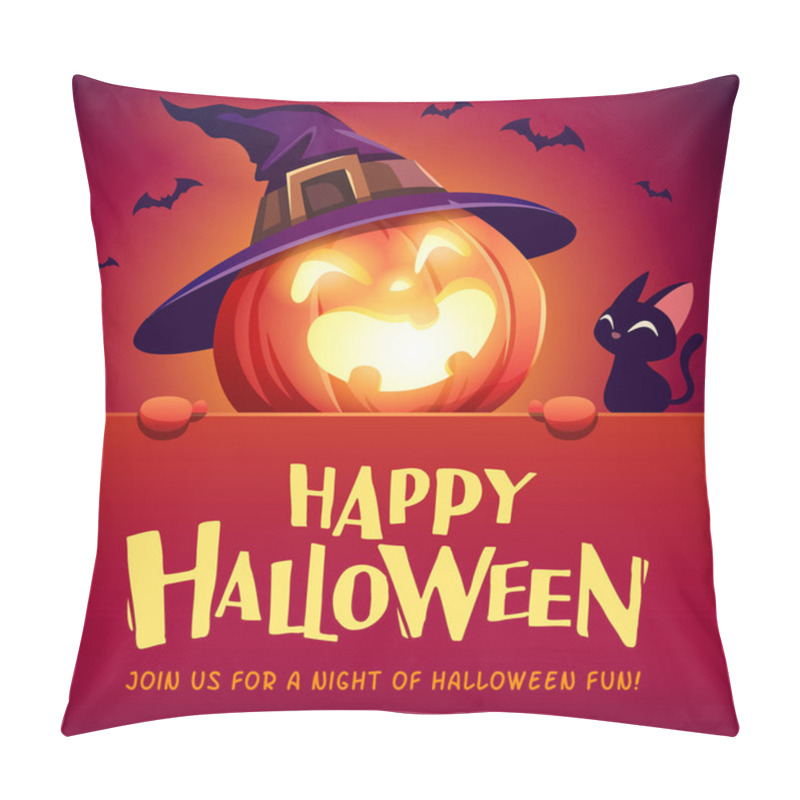 Personality  Happy Halloween. Jack O Lantern Pumpkin Witch Hat With Big Signboard. Pillow Covers