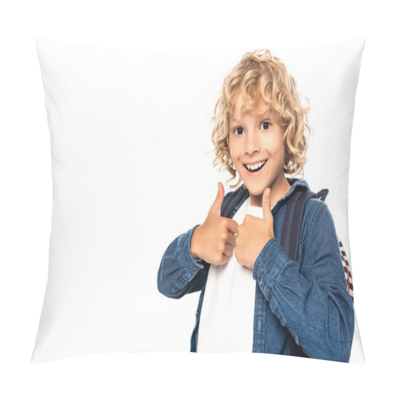 Personality  Curly Blonde Schoolboy Looking At Camera And Showing Thumbs Up Isolated On White  Pillow Covers