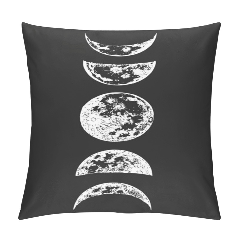 Personality  Moon Phases Drawings In Vector, Hand Drawn Illustration Of Cycle From New To Full Moon Pillow Covers