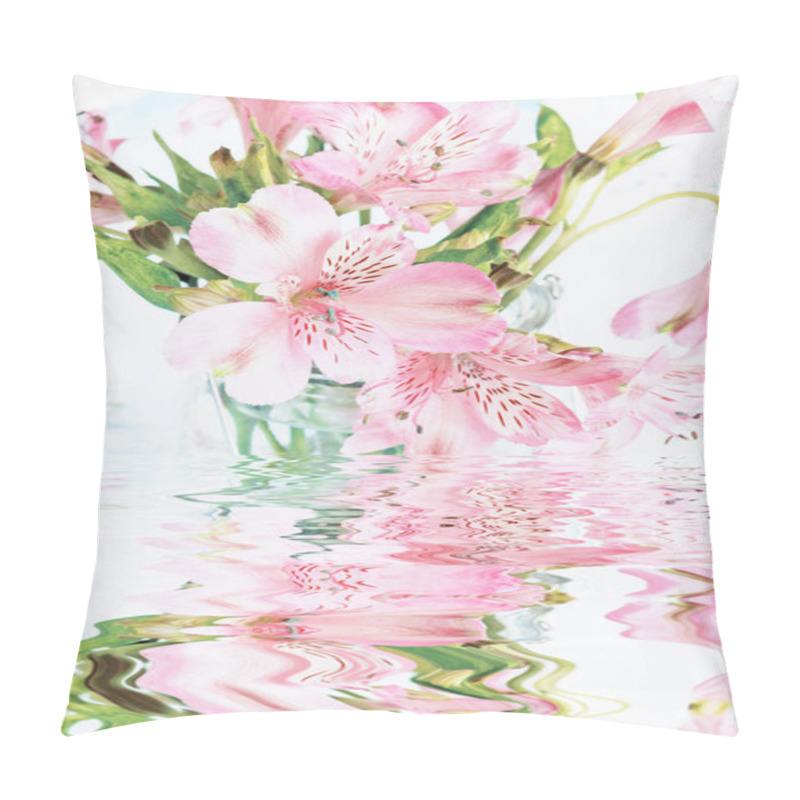 Personality  Bouquet Of Pink Alstroemeria Flowers With Reflection In A Water Surface Pillow Covers