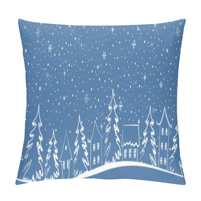 Personality  Christmas Village. Winter Background. Seamless Border. Stencil. Fairy Tale Winter Landscape. White Houses, Fir Trees, Snowflakes On Blue Background. Vector Illustration Pillow Covers