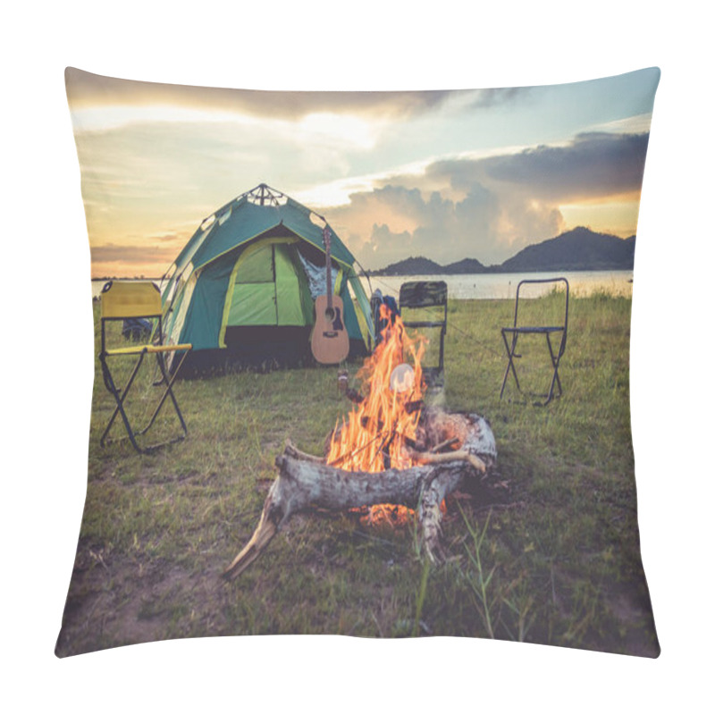 Personality  Camping Tent With Bonfire In The Green Field Meadow, Lake And Mountain Background. Picnic And Travel Concept. Nature Theme. Pillow Covers