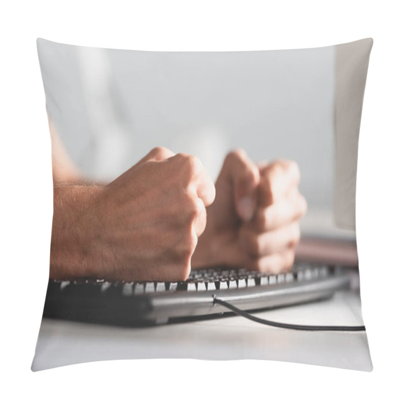 Personality  Cropped View Of Businessman Beating Computer Keyboard In Office  Pillow Covers