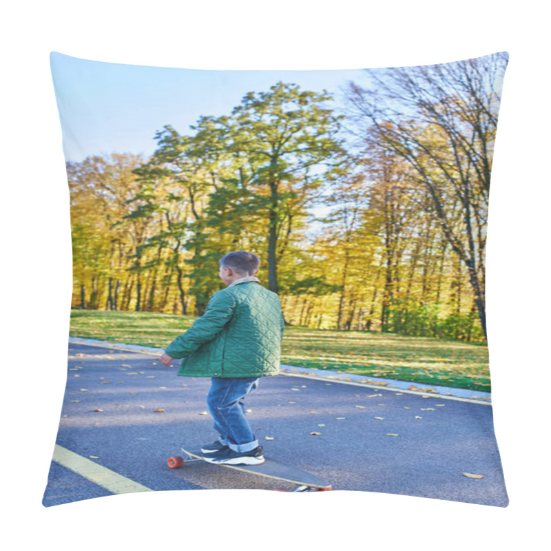 Personality  Boy In Autumnal Outerwear Riding Penny Board, Asphalt, Park In Fall Season, Golden Leaves, Cute Kid Pillow Covers